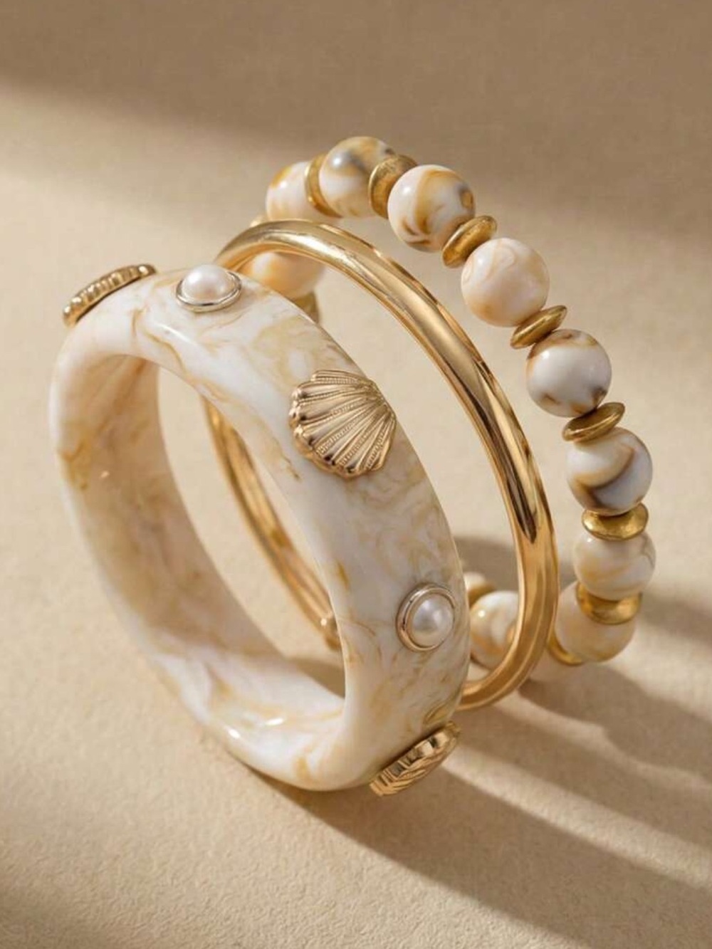 3pcs Bohemian Gradient Resin Multilayer Shell & Faux Pearl Bracelet/Bangle Set
